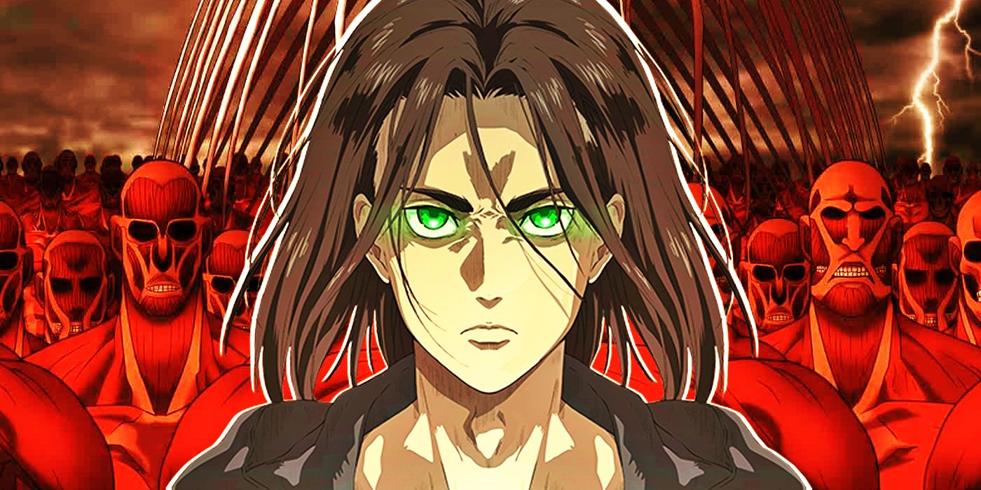 Eren with glowing green eyes standing in front of Titans in Attack on Titan