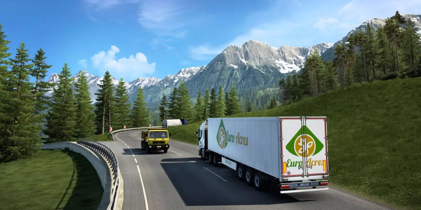 Euro Truck Simulator 2 gameplay featuring a truck driving along the road through the countryside.