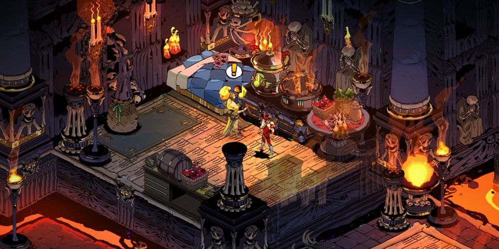 Zagreus se aproxima de Eurídice, que tem um novo diálogo, em seu quarto em Asfódelo, no Hades.