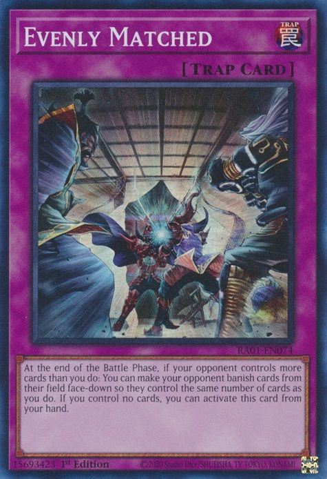 The Yu-Gi-Oh trap card Evenly Matched showing samurai fighting.