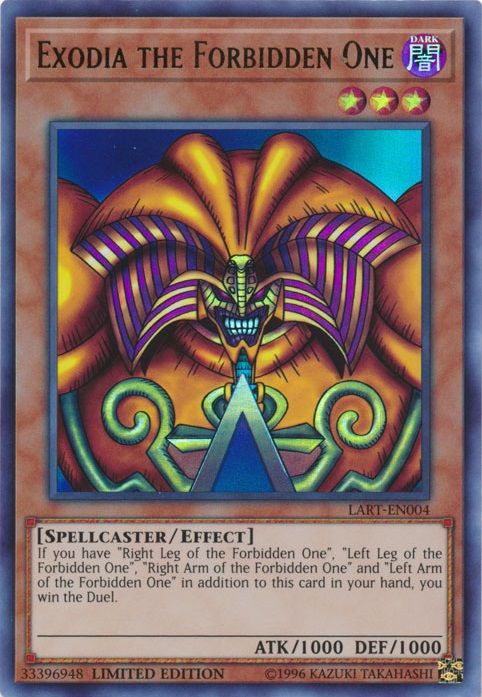 The Yu-Gi-Oh monster card Exodia The Forbidden One showing the character grimacing while casting a spell.