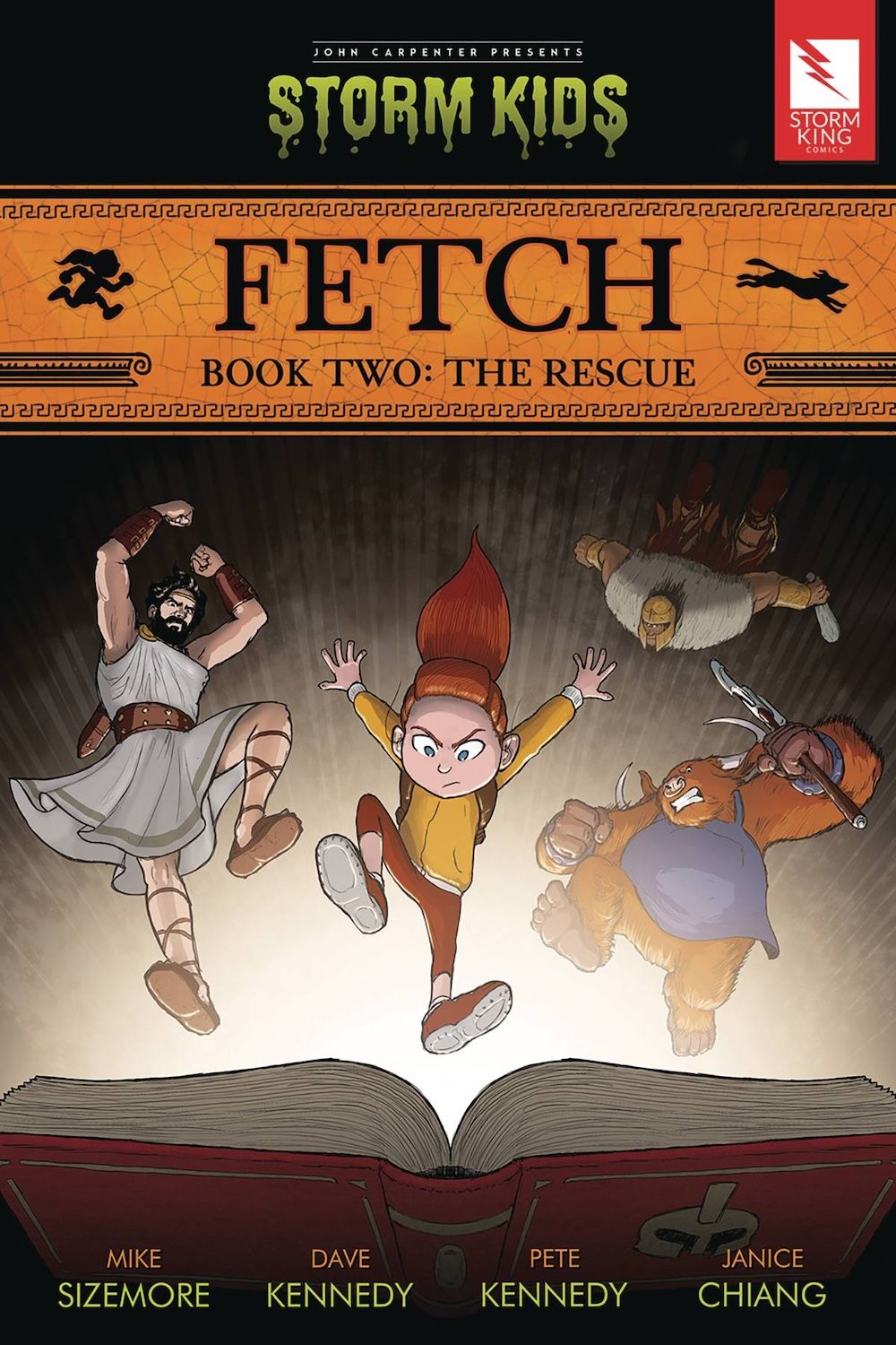 Odysseus, Danni, the Minotaur and Cyclops dive into a glowing book on Fetch, Book Two cover