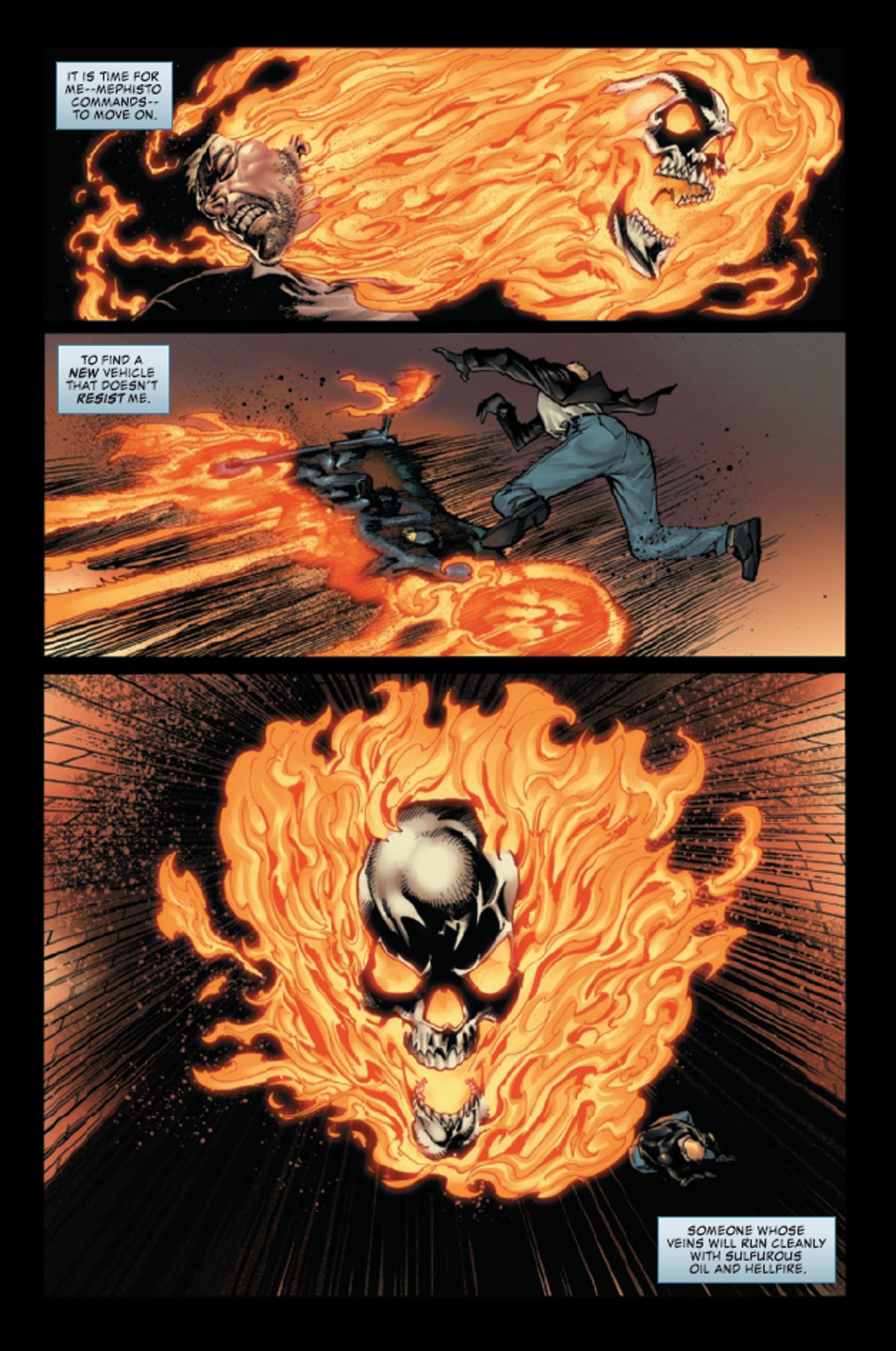 o demônio Zarathos deixando Johnny Blaze para trás a mando de Mephisto