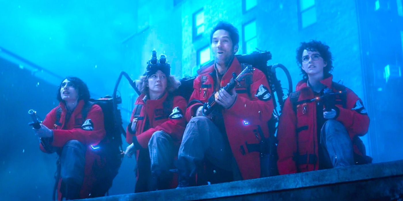 Gary and the Spenglers carry proton packs in Ghostbusters: Frozen Empire