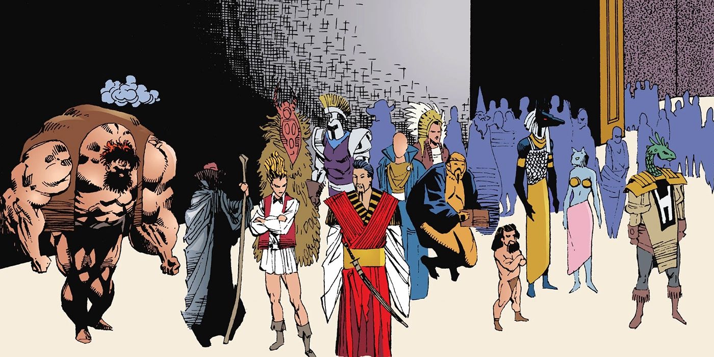 A group of gods wait in a large hall in Sandman Comics