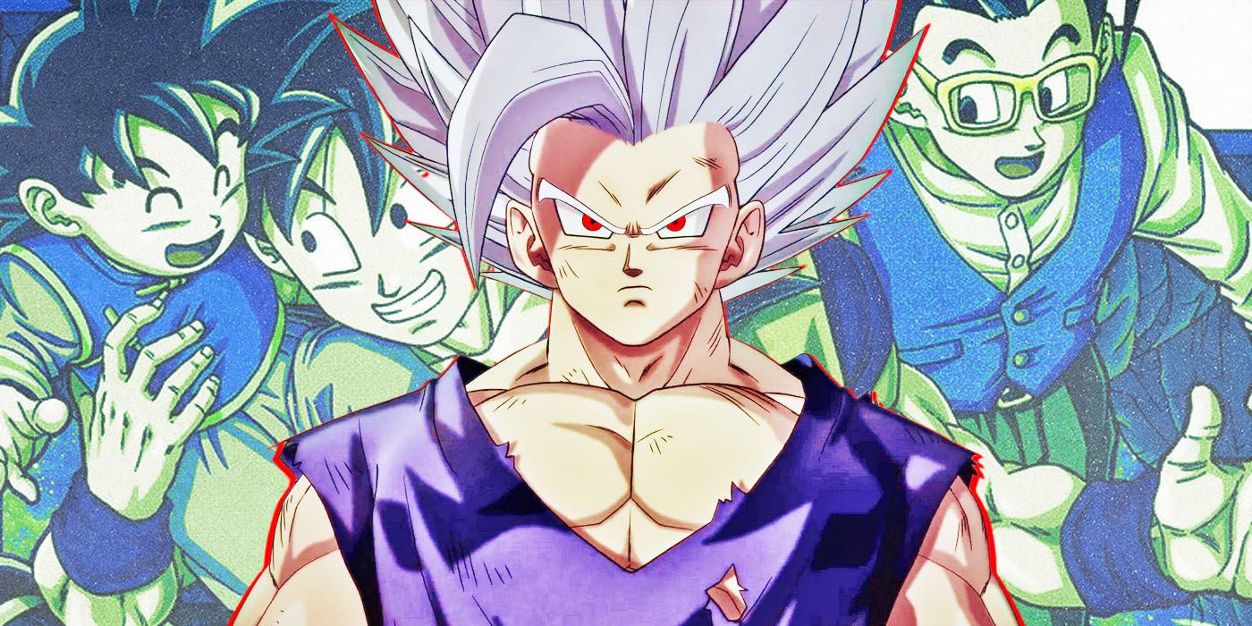 Beast Gohan from Dragon Ball Super with a collage of Goku and Gohan behind