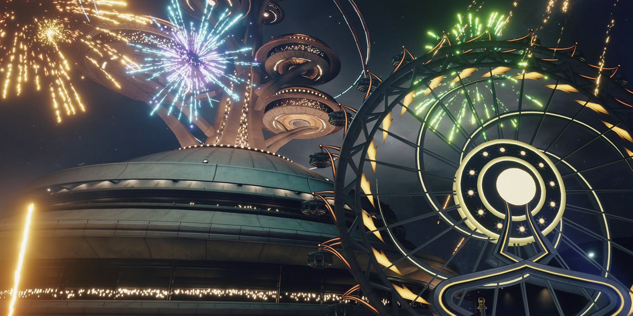 The outside of the Gold Saucer featuring the Skywheel and fireworks in Final Fantasy VII Rebirth