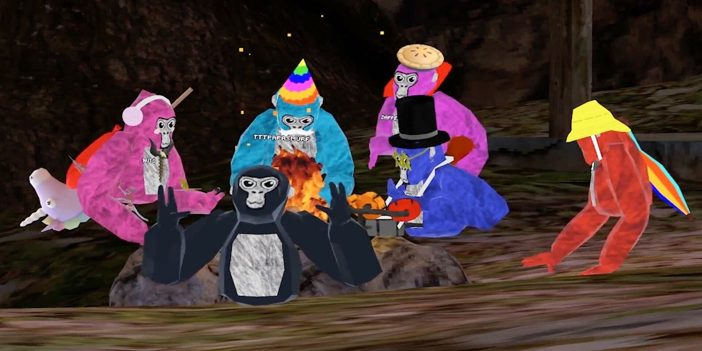 Players sitting around a campfire in Gorilla Tag VR.