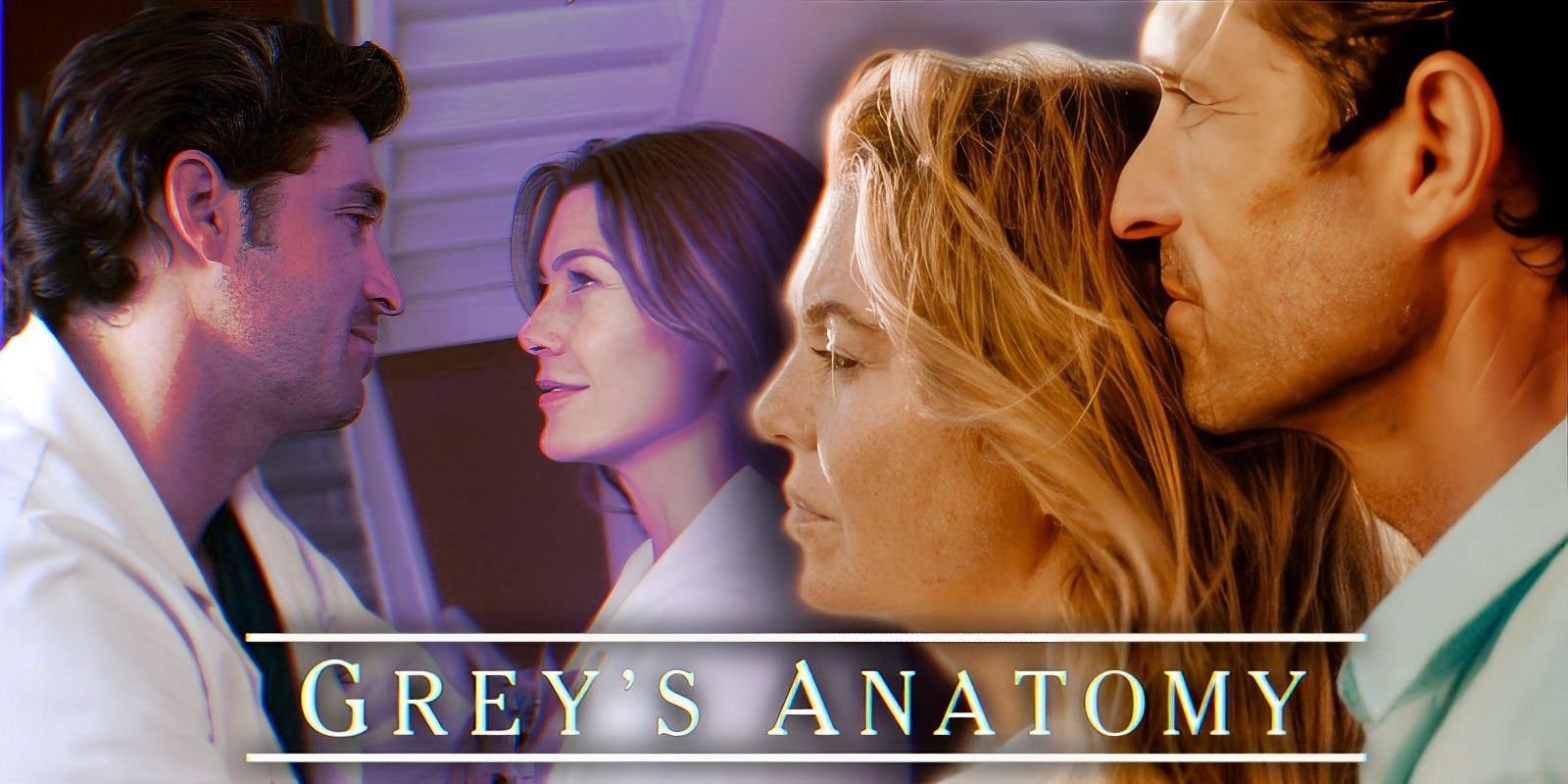 Season 17 Meredith and Derek look to the side toward Mer and Derek in a stairwell in Grey’s Anatomy.