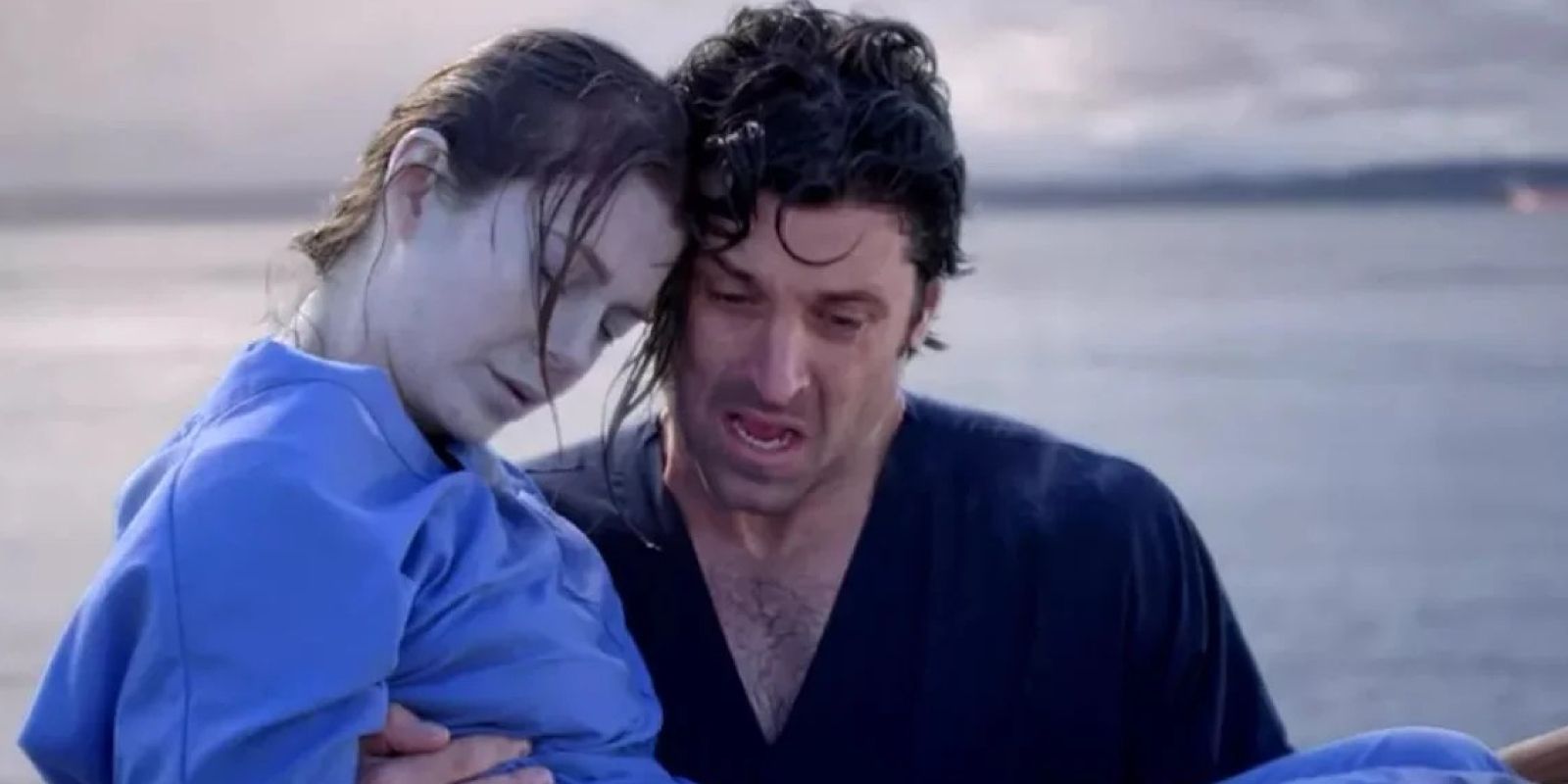 Derek carries a pale Meredith out of the freezing water in Grey's Anatomy Season 3.