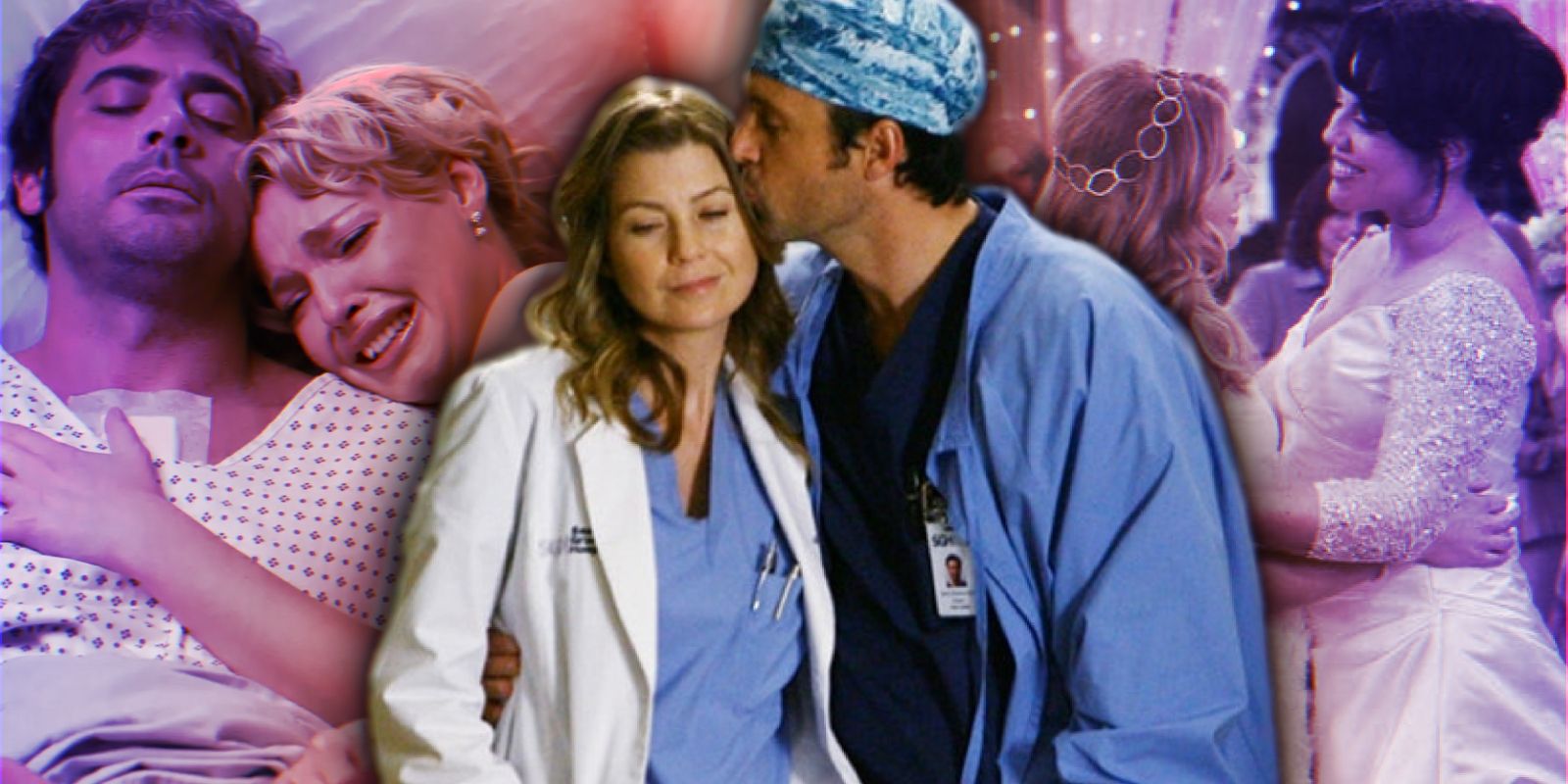 Derek kissing Meredith’s cheek in Grey’s Anatomy with Izzie crying over Denny and Calzona’s wedding.