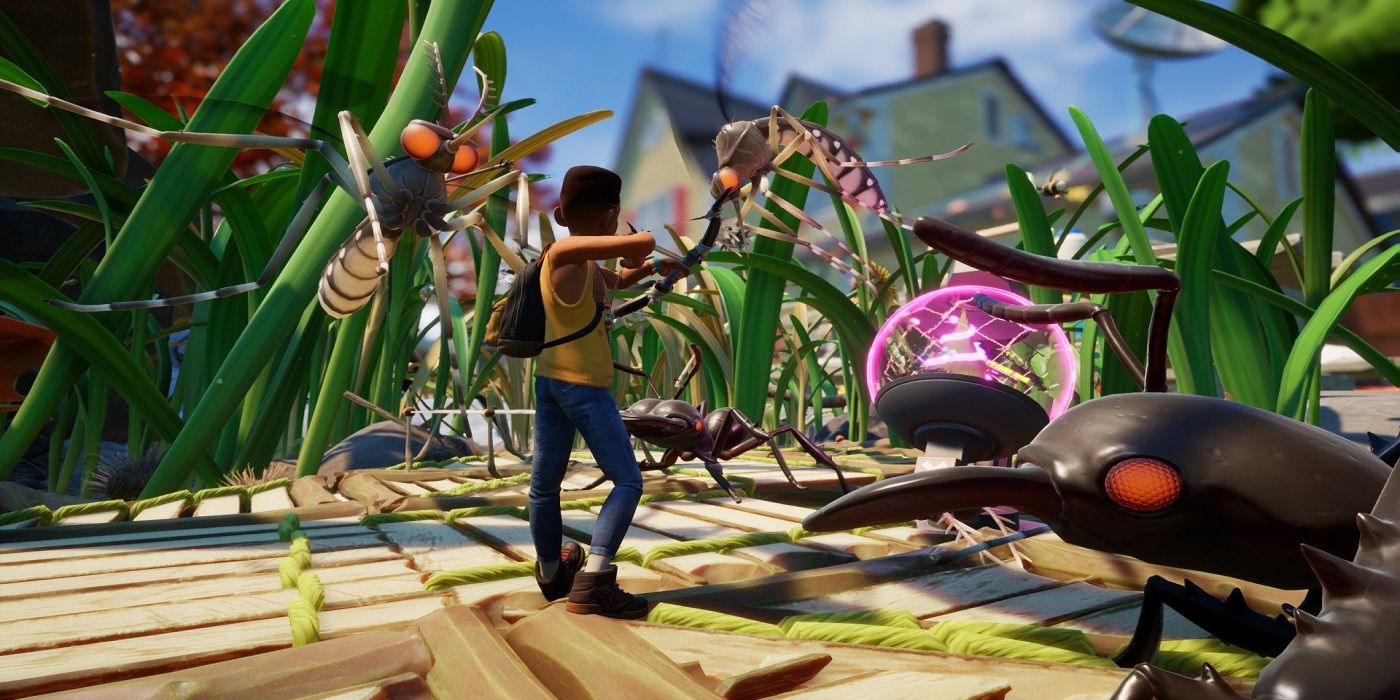 O jogador usando um arco para combater enxames de insetos em Grounded.