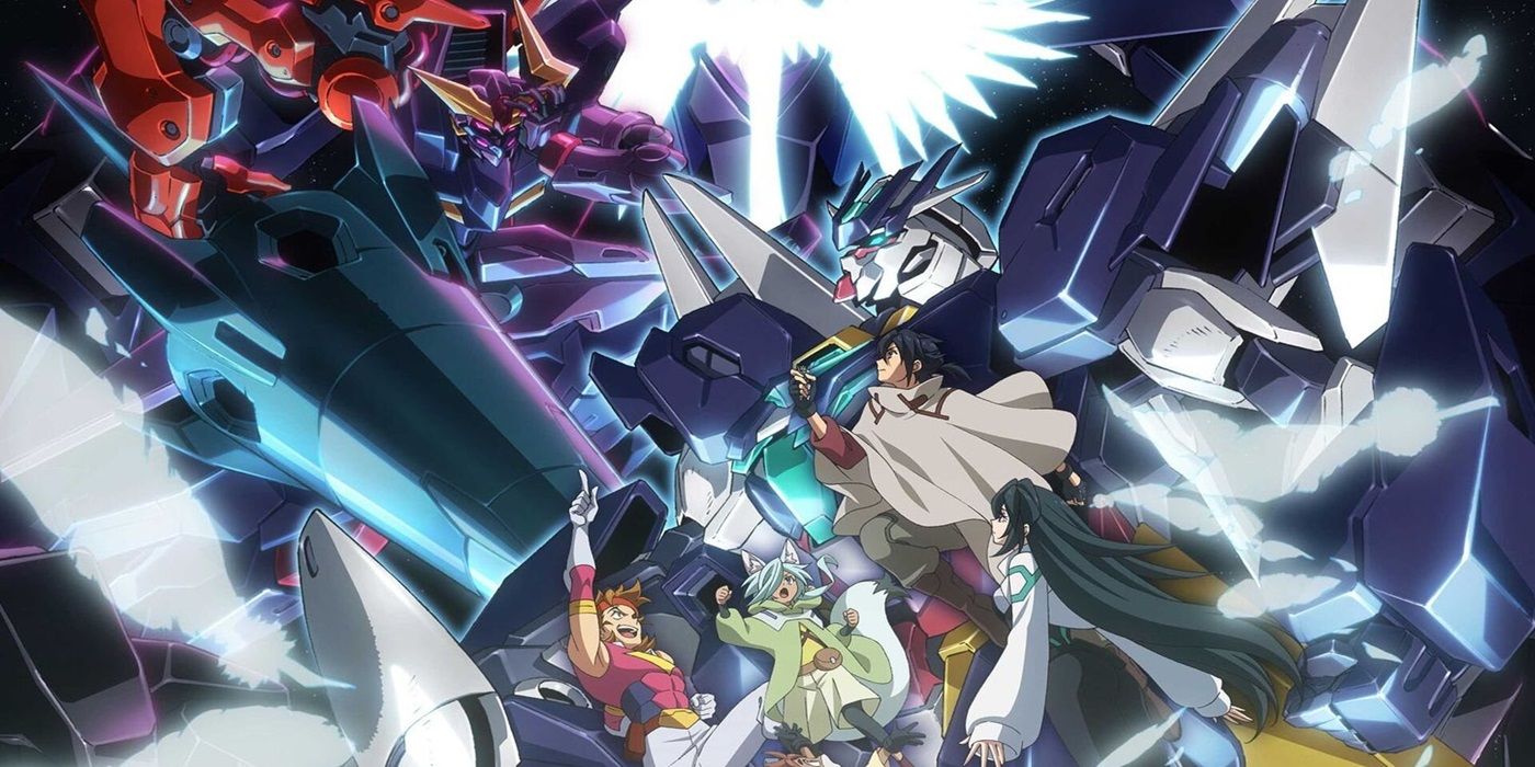 The cast of Gundam Build Divers Re:Rise in the palm of the Uraven Gundam, clashing against the Gundam Seltsam.