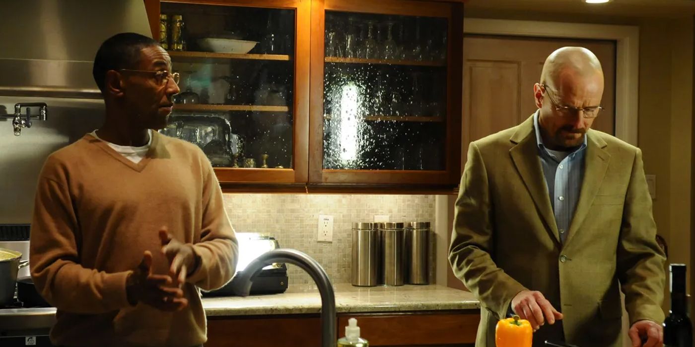 Gus Fring and Walter White cooking together in the kitchen in Breaking Bad
