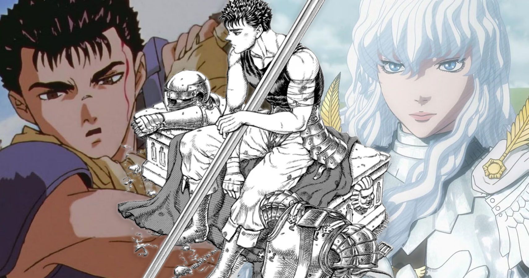 Guts from the 1997 anime and Griffith from the Golden Age movies with Manga Guts overlaid on top