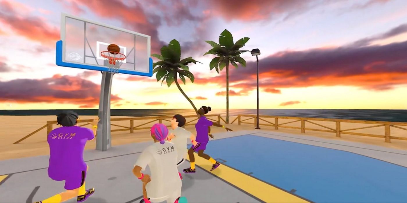 Players shooting hoops while the sun starts to set in Gym Class Basketball.