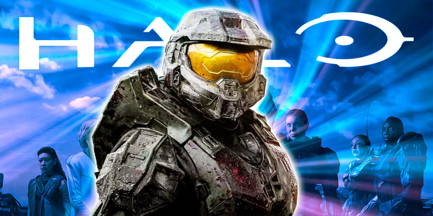 Master Chief in front of the cast of Halo and the logo