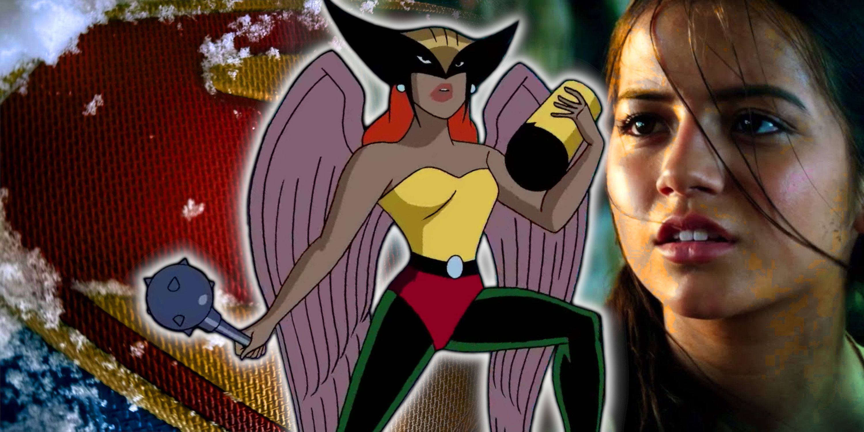 Hawkgirl from the Justice League cartoon in front of the DCU Superman symbol and Isabela Merced
