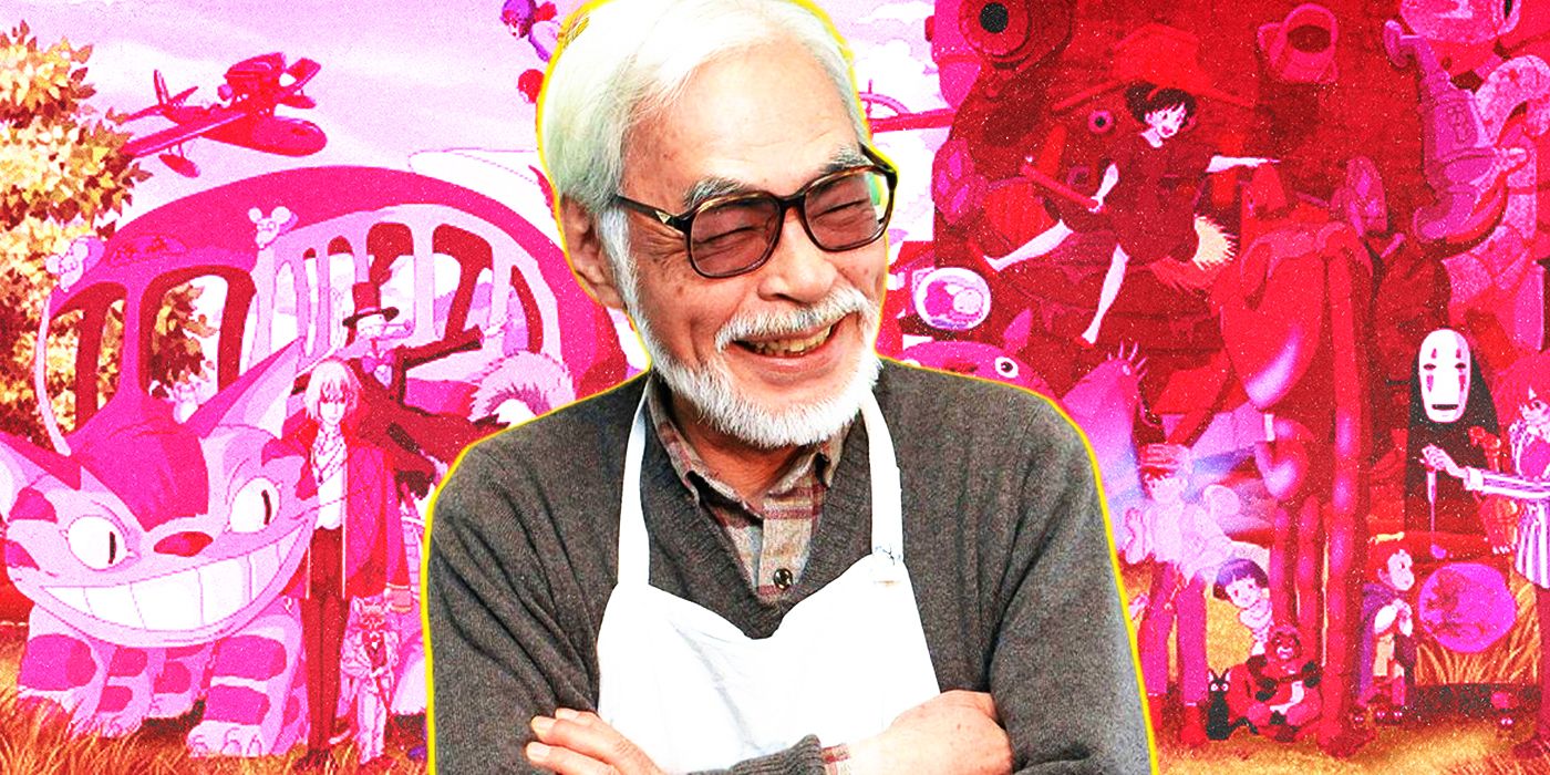 Studio Ghibli's Hayao Miyazaki with a collage of his anime films in the background