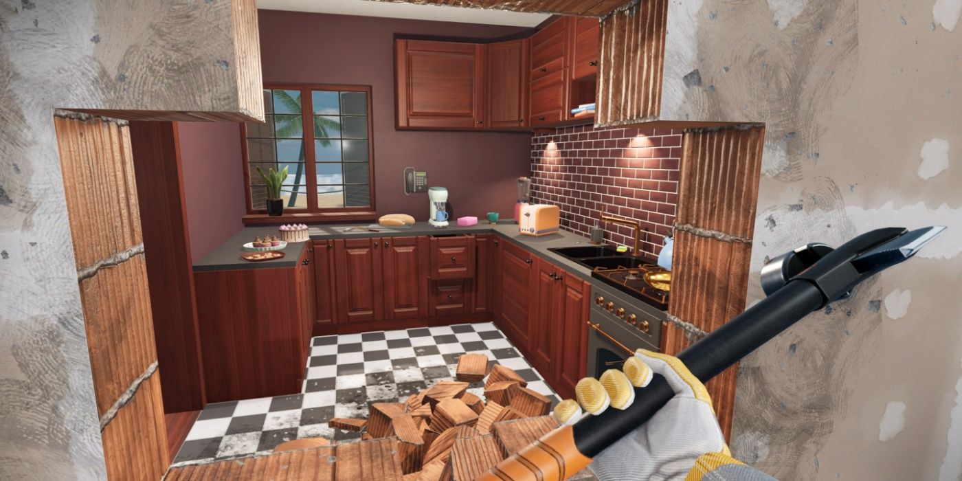 The player demolishing a house's interior in House Flipper 2 gameplay.