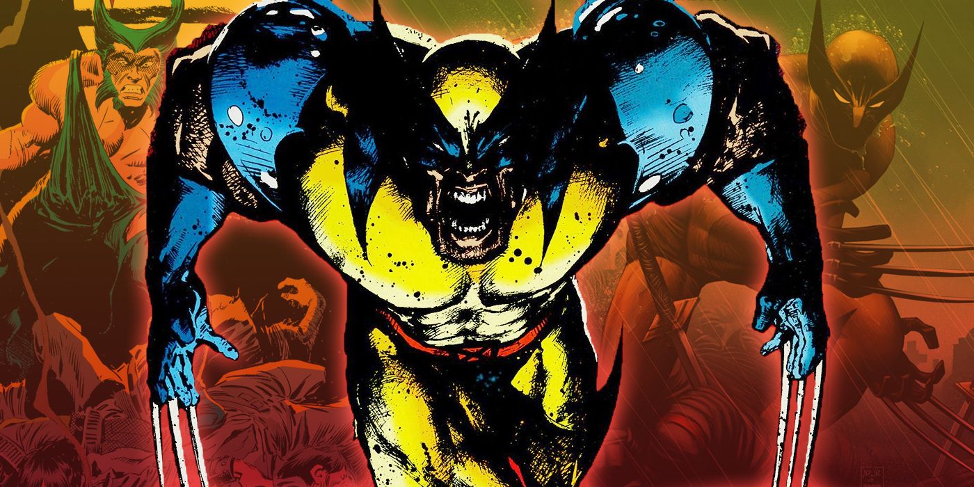 Wolverine lunging at the reader with covers to his ongoing comic series in the background