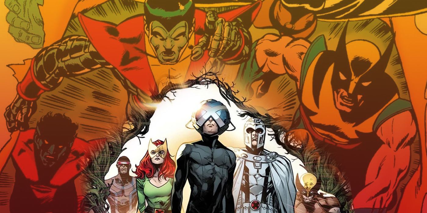 The Krakoan X-Men walking through a gate with the Giant Size X-Men team in the background