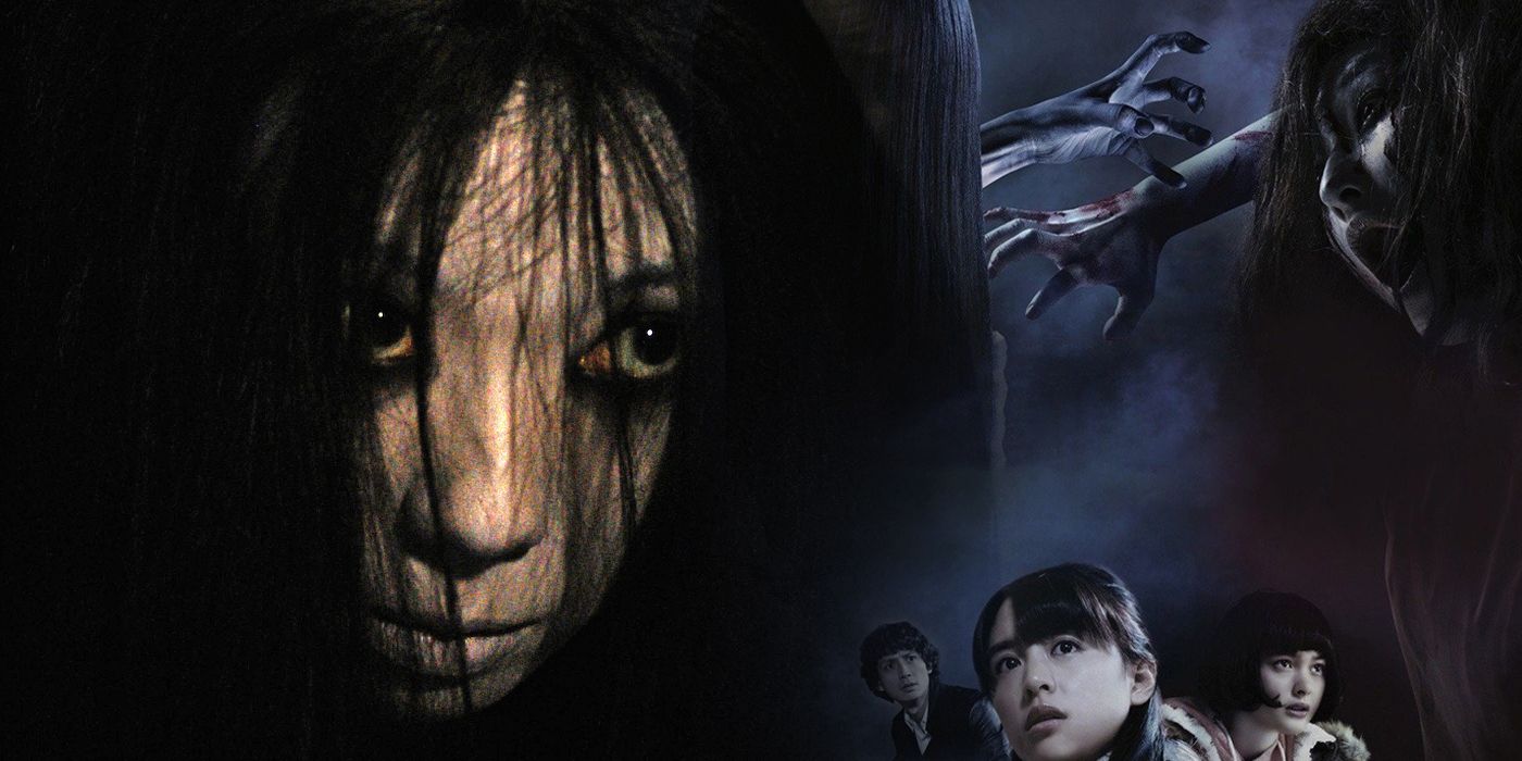 A scene from the Grudge with the poster for Sadako vs Kayako