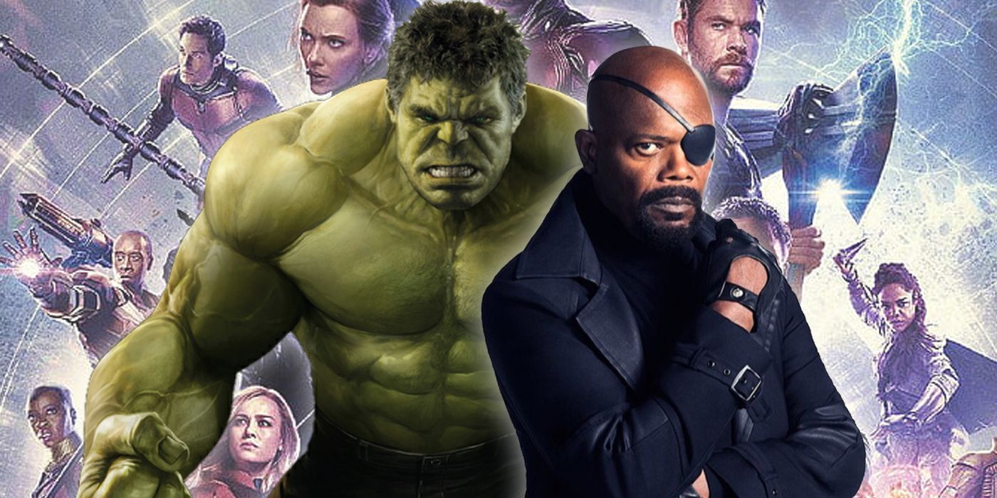Hulk and Nick Fury with the MCU Avengers in the background