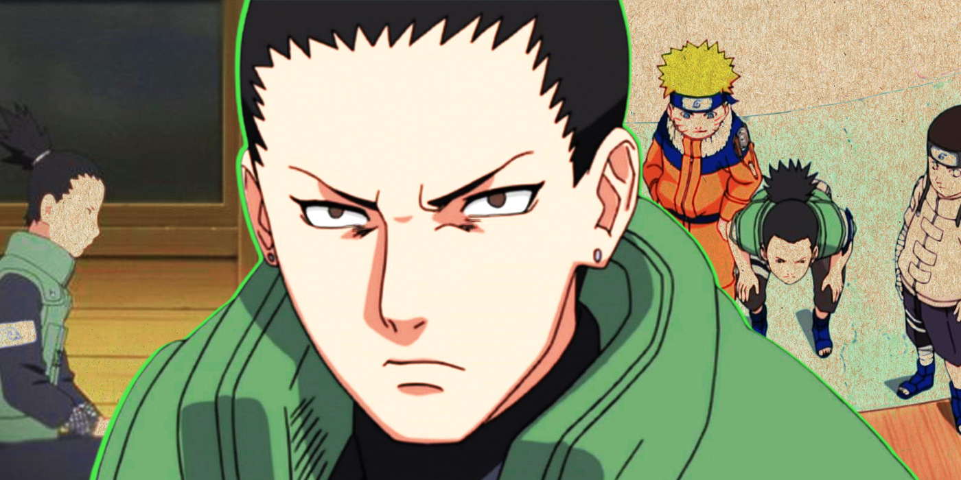 Shikamaru Nara with a serious expression over flashbacks to his childhood with Naruto