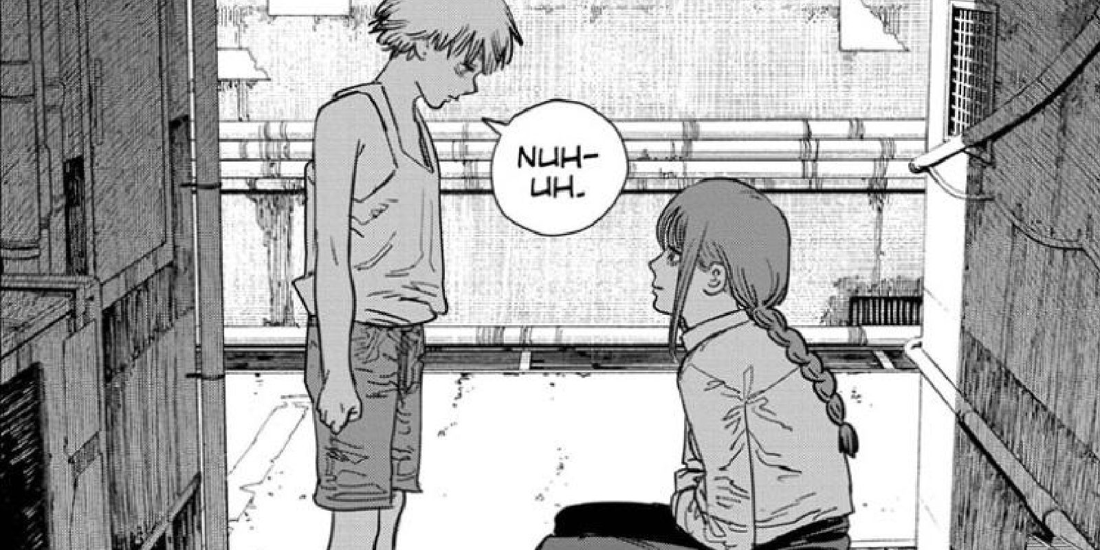 Denji quando criança é confrontado por Makima no mangá Chainsaw Man