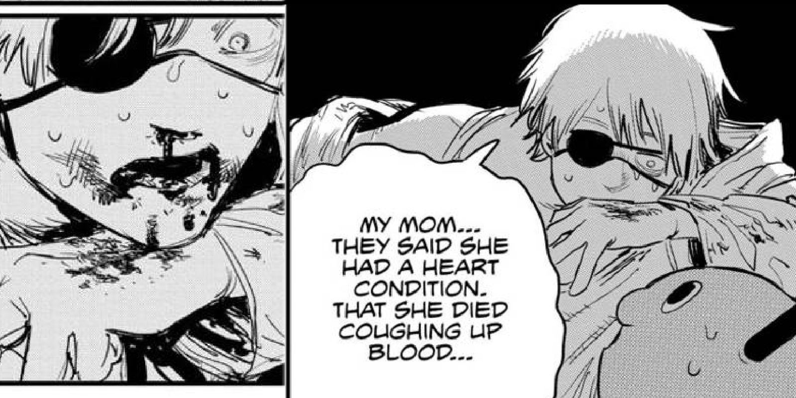 Denji cospe sangue e fala sobre sua mãe para Pochita no capítulo 1 do mangá Chainsaw Man