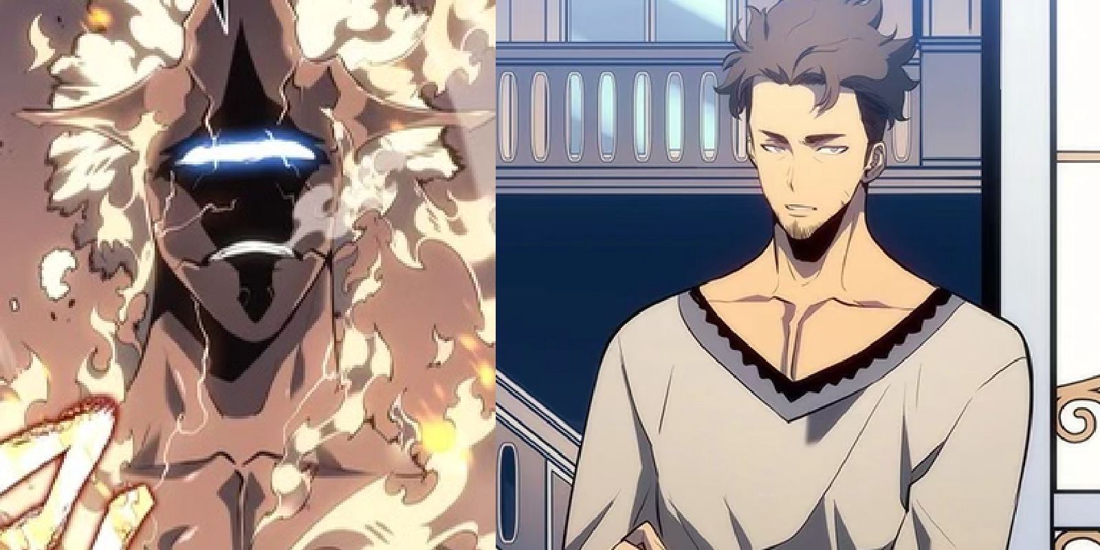 Uma imagem dividida apresenta Christopher Reed em sua forma de manifestação do corpo espiritual e sua forma normal no nivelamento solo Manhwa