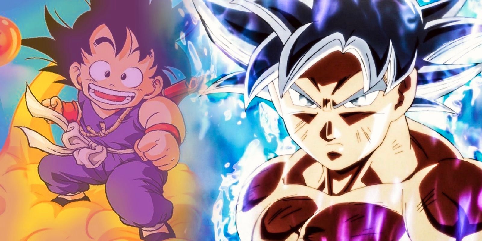 Goku ultra instinct in Dragon Ball Super and kid Goku from the original Dragon Ball anime