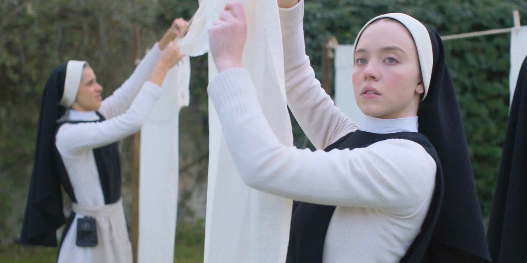 Sydney Sweeney's Cecilia hangs linens to dry in Immaculate