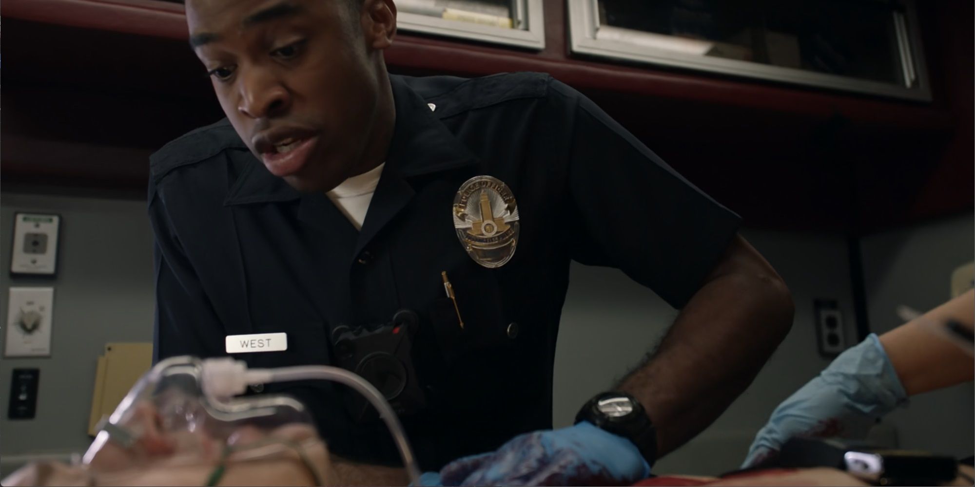 Jackson looking concerned in the ambulance with a dying Rios from the Rookie