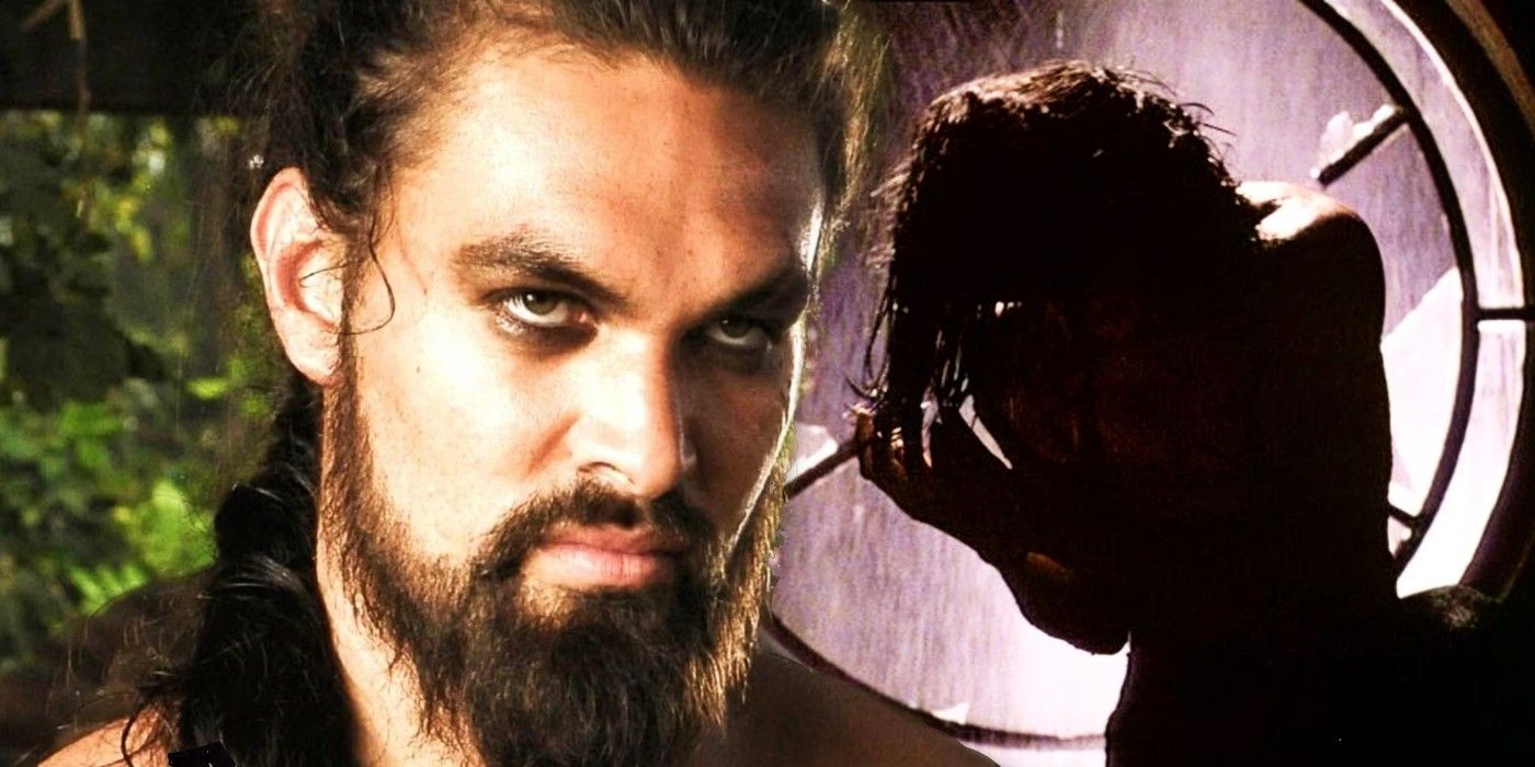 Game of Thrones' Khal Drogo (Jason Momoa) stands in front of the window scene from The Crow.