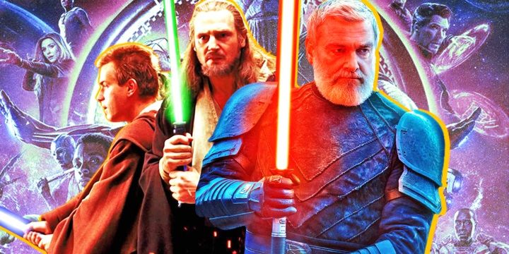 Young Obi-Wan, Qui-Gon Jin, and Baylon Skoll in Star Wars with MCU characters in the background