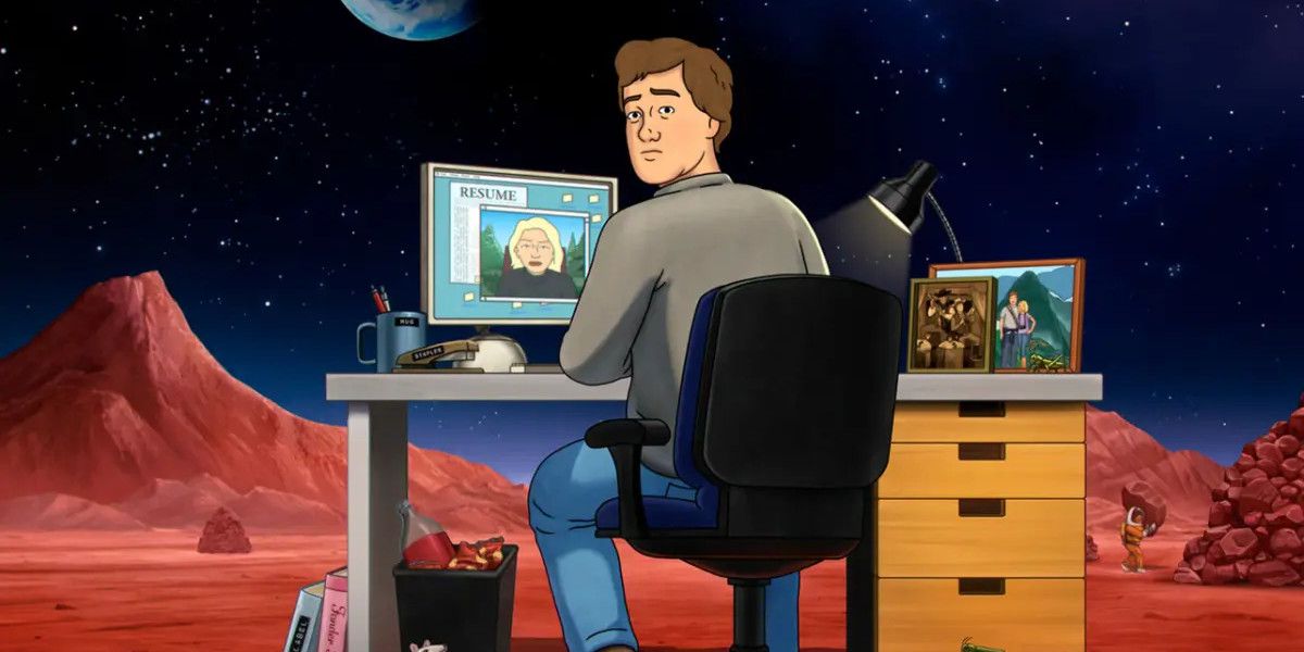 Jeff Cooper de Fired on Mars olhando para o leitor enquanto trabalhava em seu computador no meio de Marte