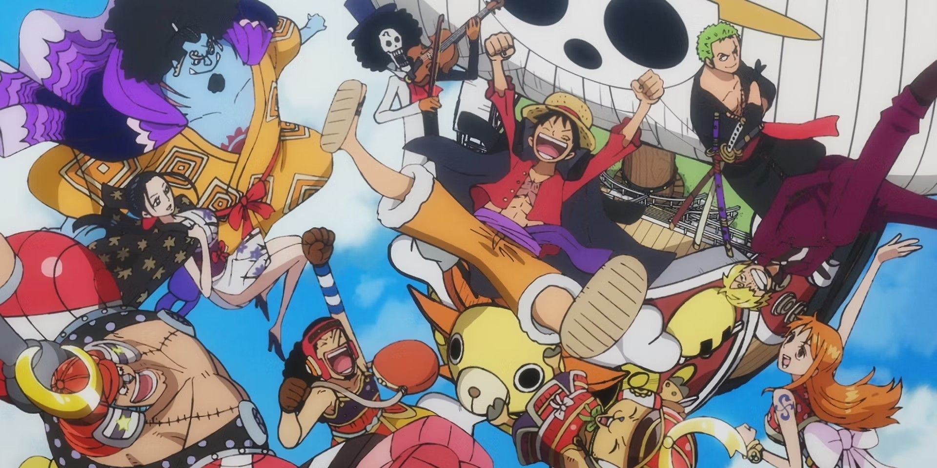 Jinbe and the rest of the Straw Hat Pirates having fun in a One Piece opening