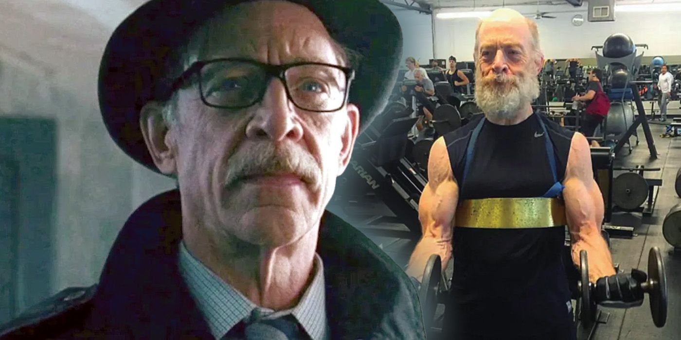 A composite image featuring JK Simmons' Commissioner Gordon and the actor's viral workout selfie from 2016.