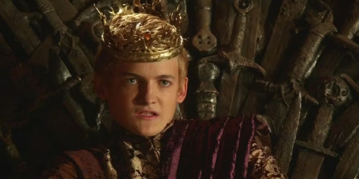 King Joffrey Baratheon smugly sits on the Iron Throne in Game of Thrones