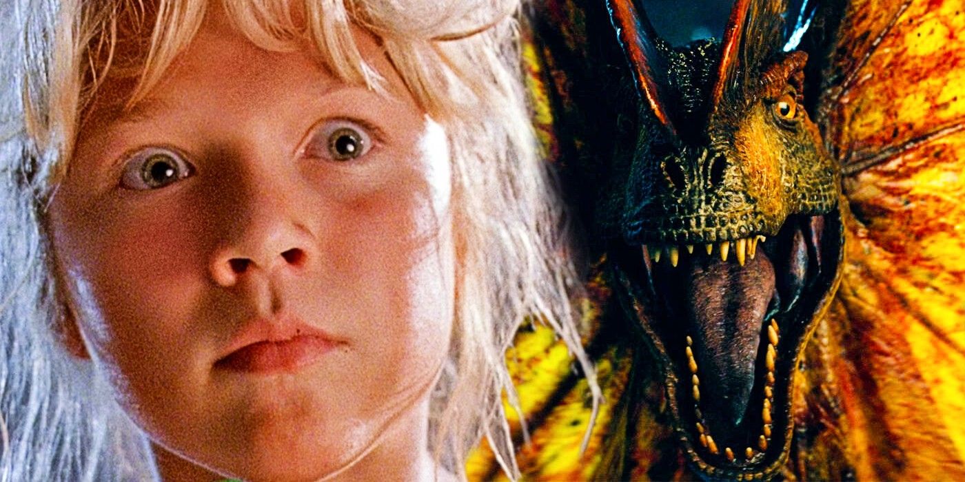 Jurassic Park's Lex Murphy (Ariana Richards) stares frightened as Jurassic World Dominion's Dilophosaurus prepares to attack.