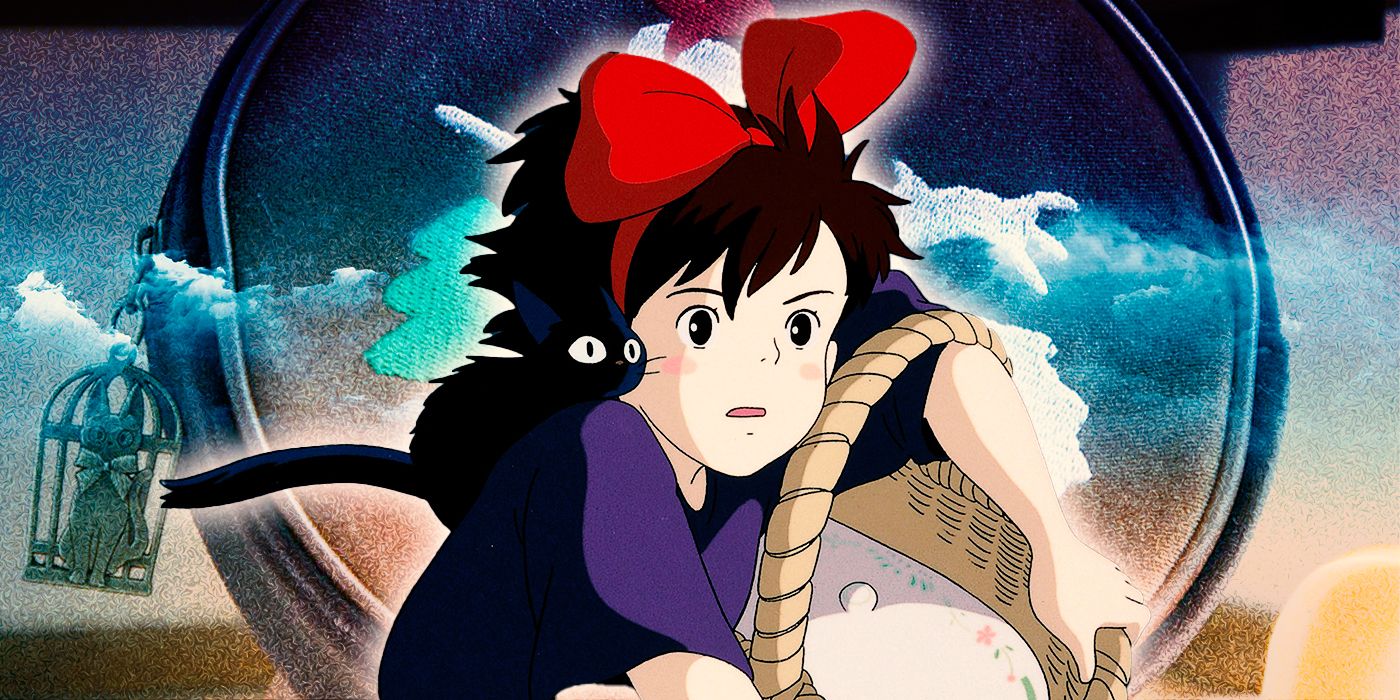 Kiki and Jiji from Kiki's Delivery Service carrying a basket on her broom