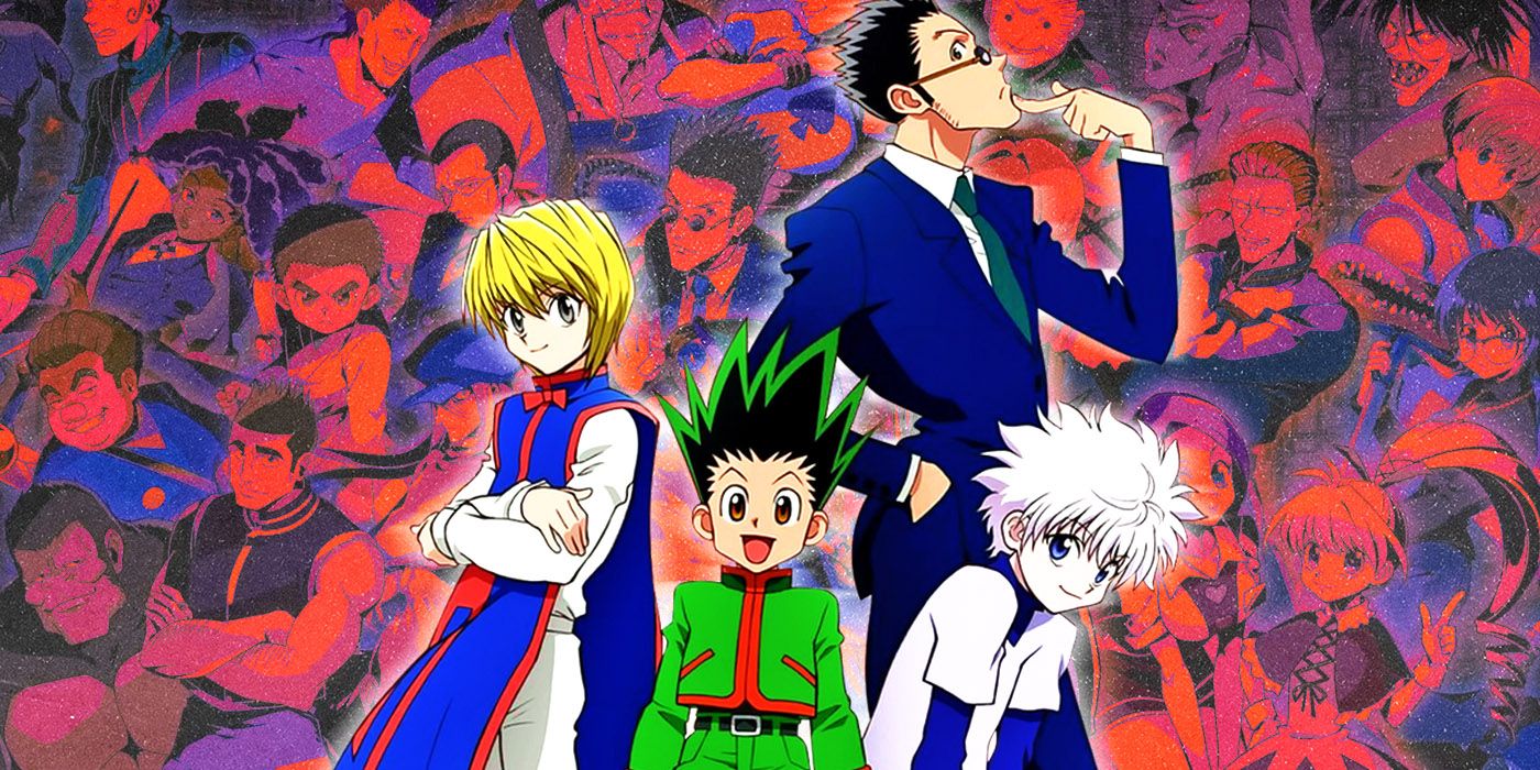 Kurapika, Gon, Leorio, Killua in front of a collage of other HxH characters.