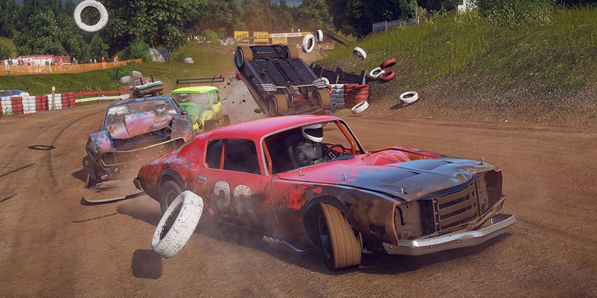 A drivers races ahead on a dirt track while numerous cars crash behind them with barrier tires flying everywhere in Wreckfest