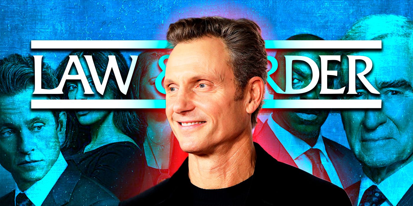 Actor Tony Goldwyn smiling in front of an image of Law & Order's previous cast