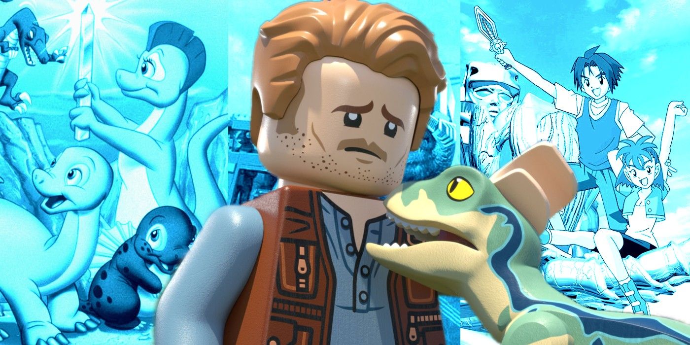 LEGO Owen Grady comforts Blue with Dink the Little Dinosaur, Dino-Riders, and DinoZaurs in the background.