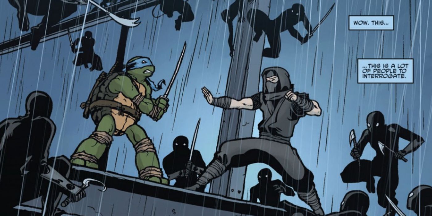 Leonardo surrounded on all sides by Foot Clan ninjas clad in black