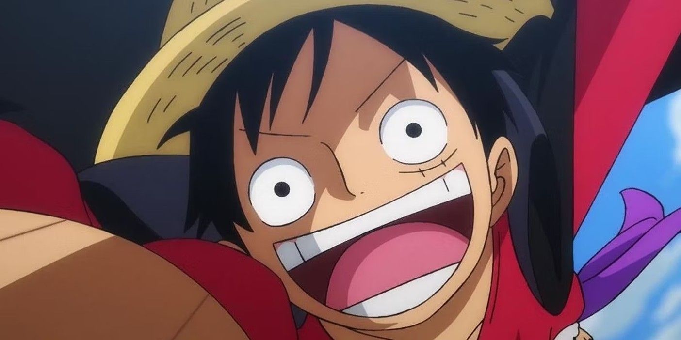 Luffy is falling happily from the sky in One Piece