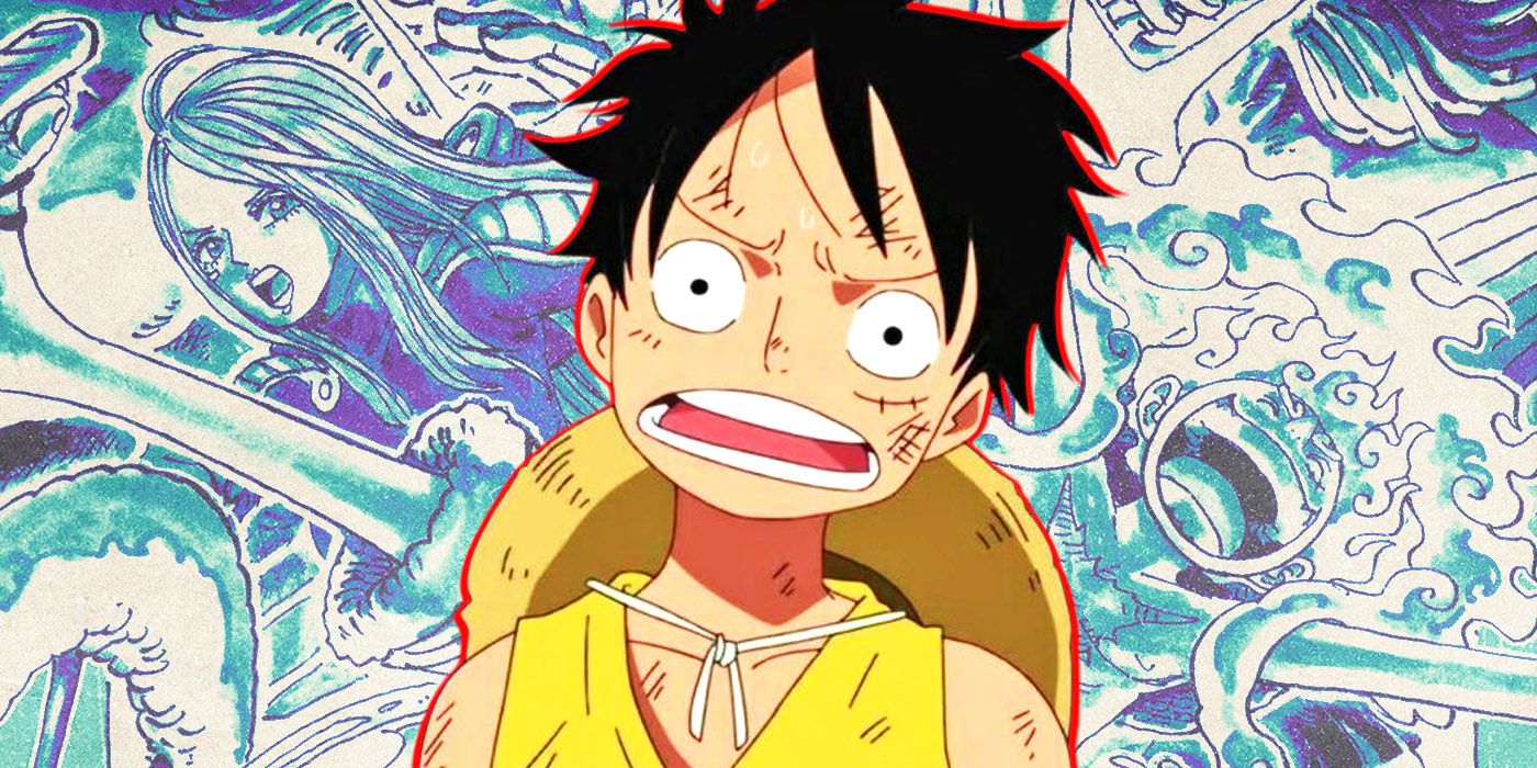 Luffy from One Piece looking confused with a manga panel background